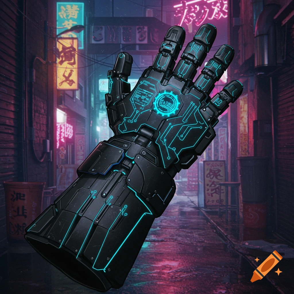 A black cybernetic hand with blue circuits floats in a wet, neon-lit cyberpunk street.