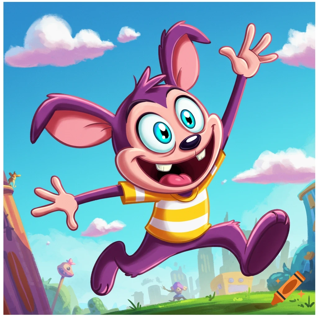 A purple cartoon mouse-like character in a yellow striped shirt runs and waves happily in a bright, stylized outdoor scene.