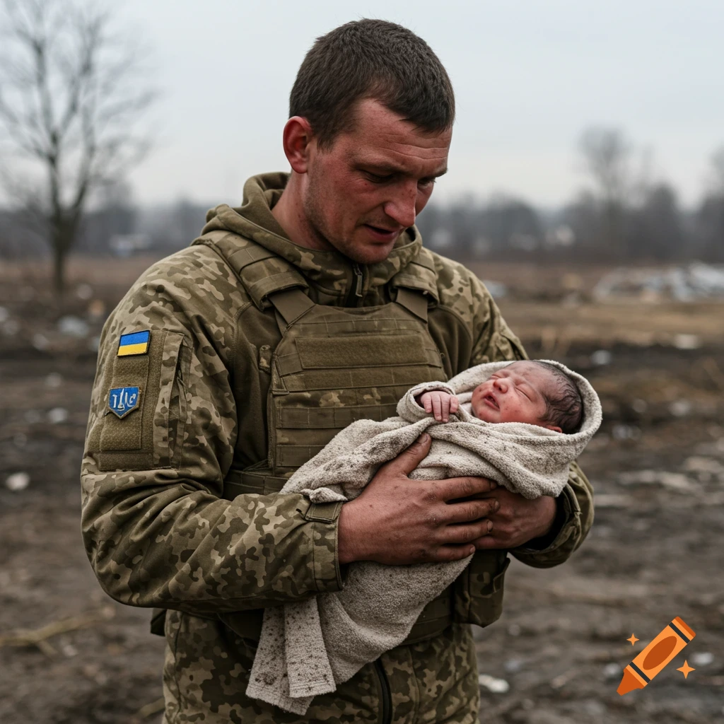 Ukrainian soldier in uniform holds a swaddled baby in a desolate landscape. Photorealistic style.