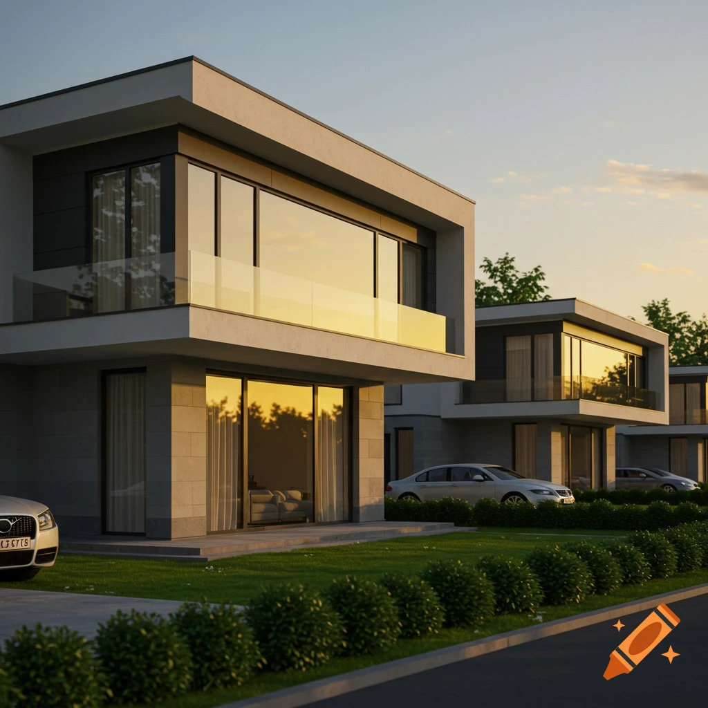 Modern houses and cars in evening light, digital render.