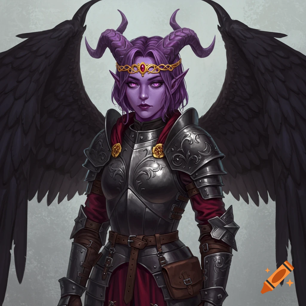 Portrait of a purple tiefling woman in armor with black wings and horns.