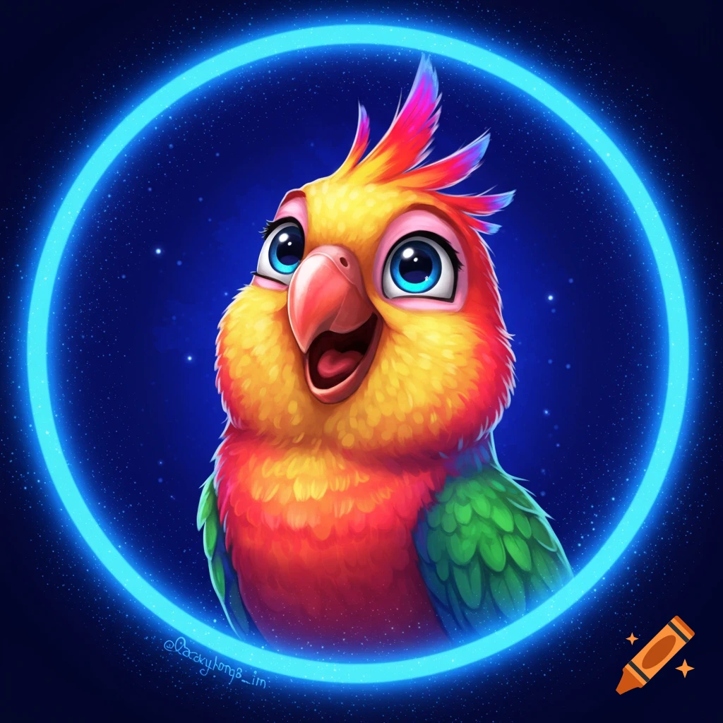 A colorful, happy cartoon parrot head in a blue glowing circle against a starry background.
