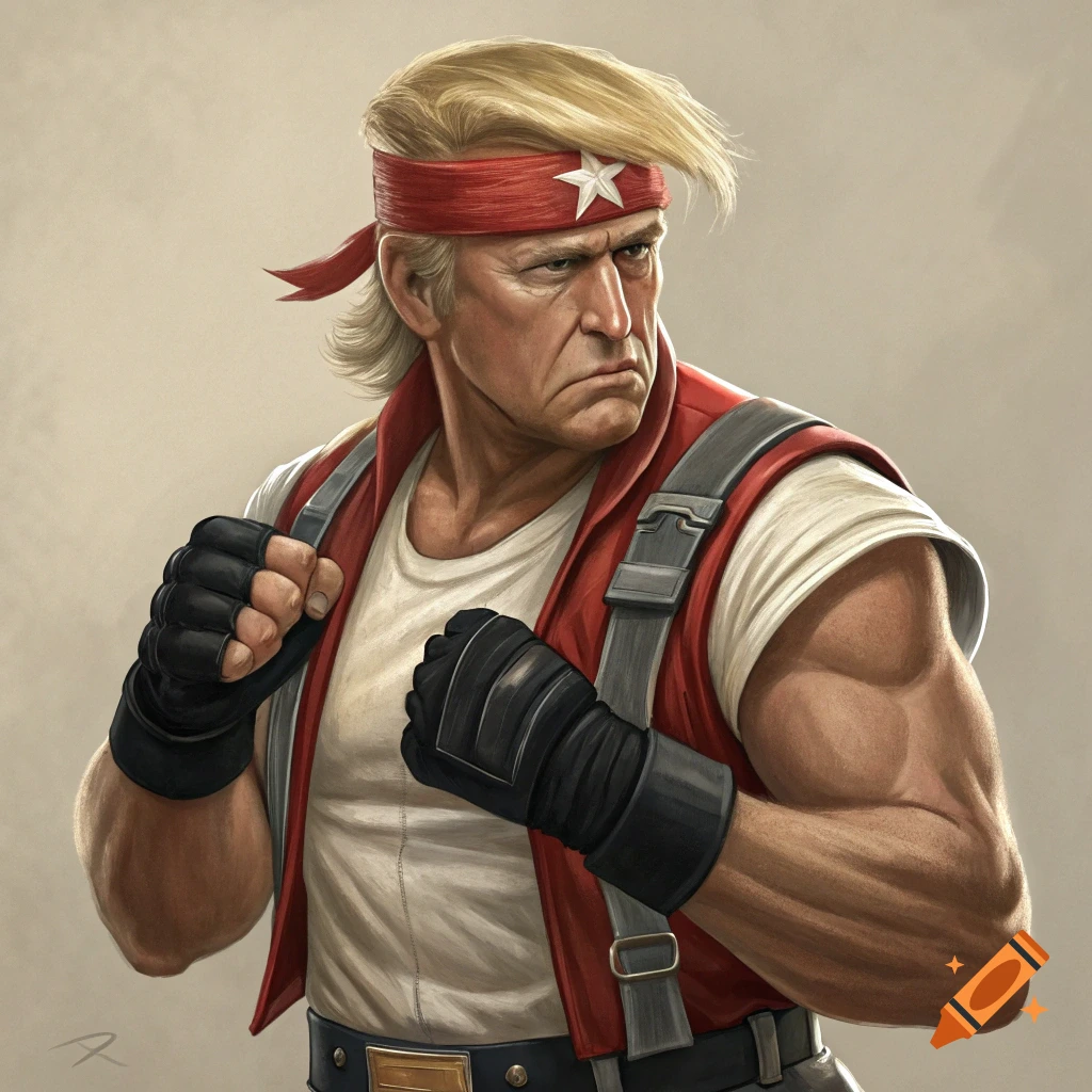 Stylized portrait of a man resembling Donald Trump in a fighting game stance and outfit.