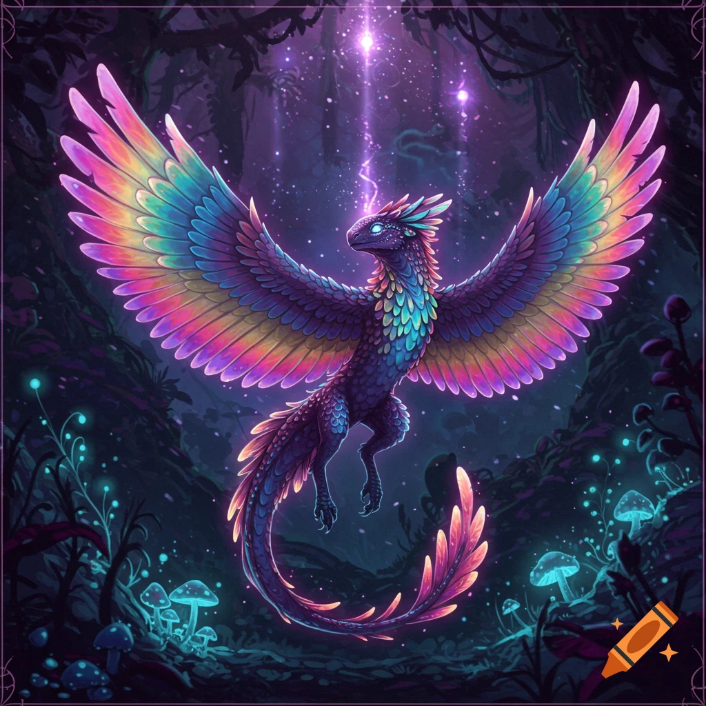 A vibrant, rainbow-feathered fantasy creature with large wings flies in a mystical forest with glowing mushrooms, digital art.