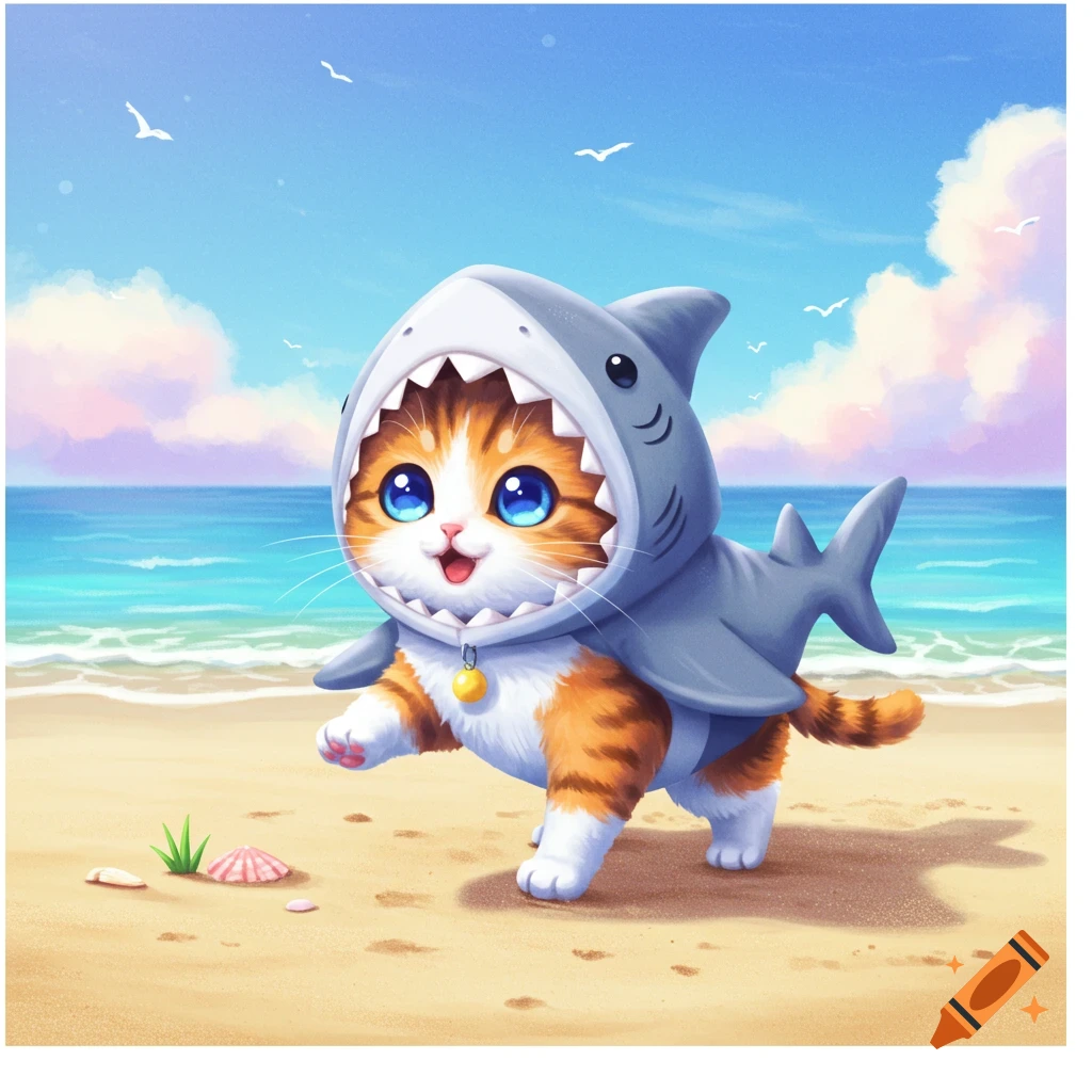 Cute cat in shark costume walks on a beach