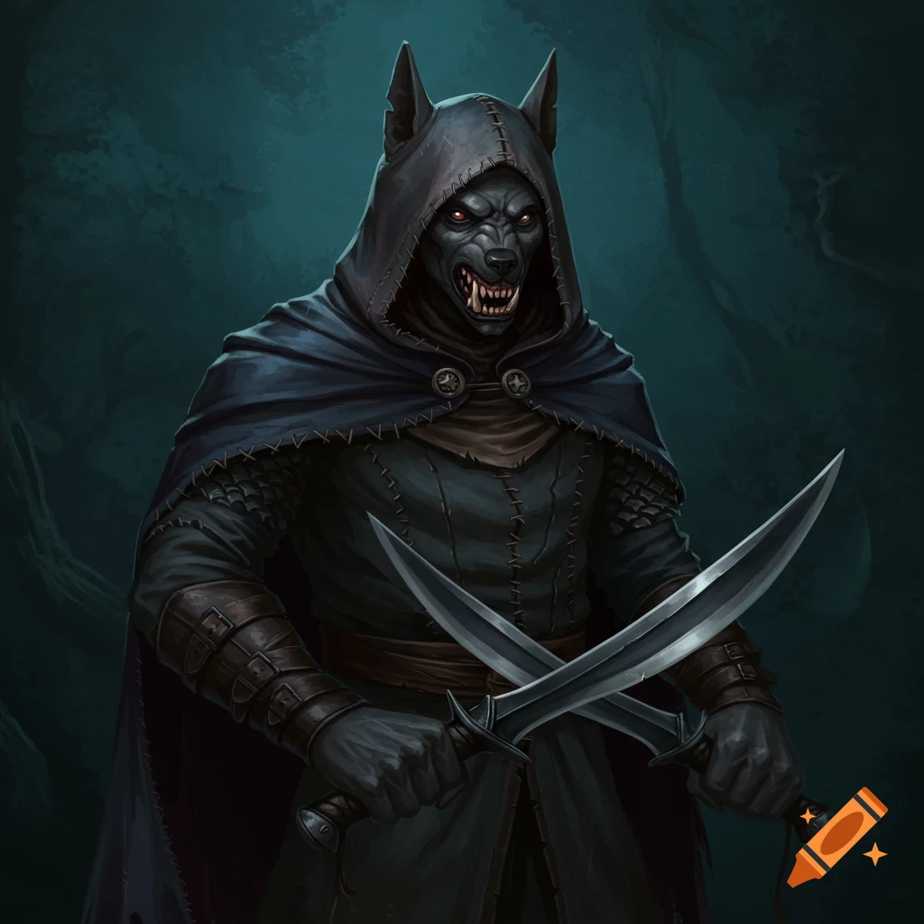 A dark-skinned creature with a canine head and red eyes, wearing a hooded cloak and holding two curved knives.