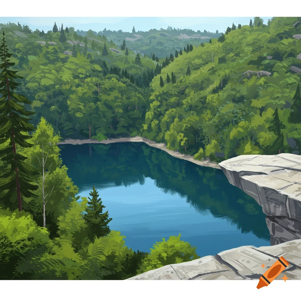A lake surrounded by a forest and rocky ledges.