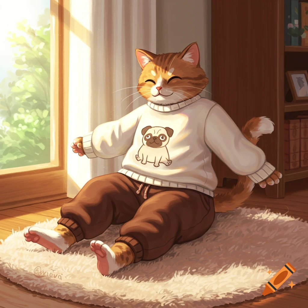 Cartoon cat in a sweater and pants sitting by a sunny window.