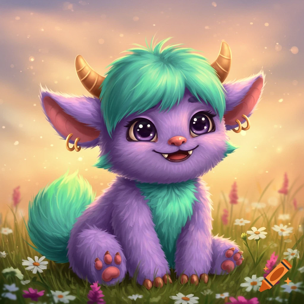 Cute purple monster with teal hair sitting in a flower field.