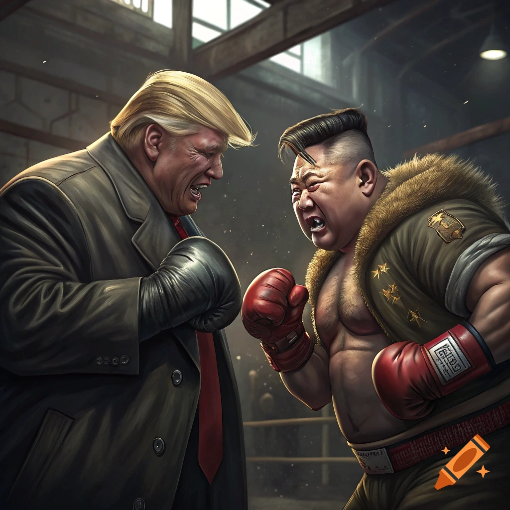 A stylized image of Donald Trump and Kim Jong Un boxing in a ring, facing off aggressively.