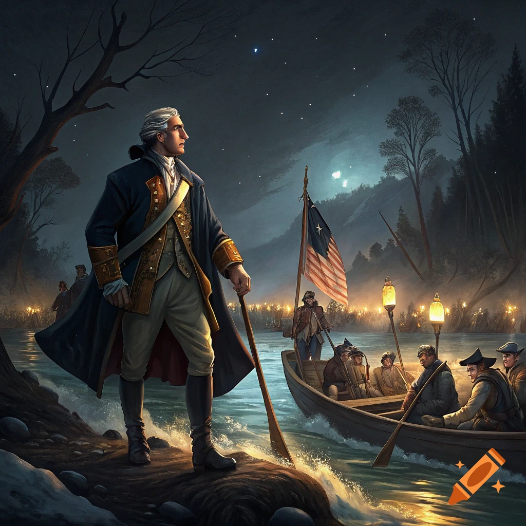 George Washington stands on a riverbank at night with soldiers crossing in boats under a starry sky.