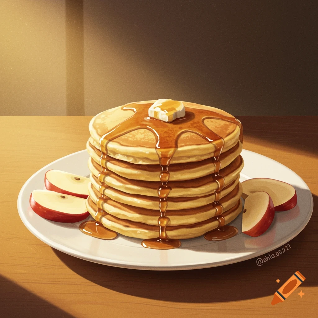 A stack of pancakes with butter and syrup, served with apple slices on a plate.