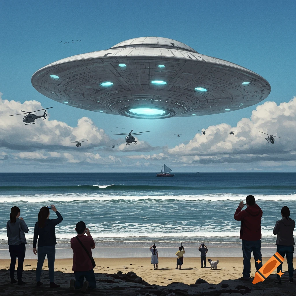 A large disc-shaped UFO hovers over a beach and ocean, surrounded by helicopters, as people on shore photograph it.