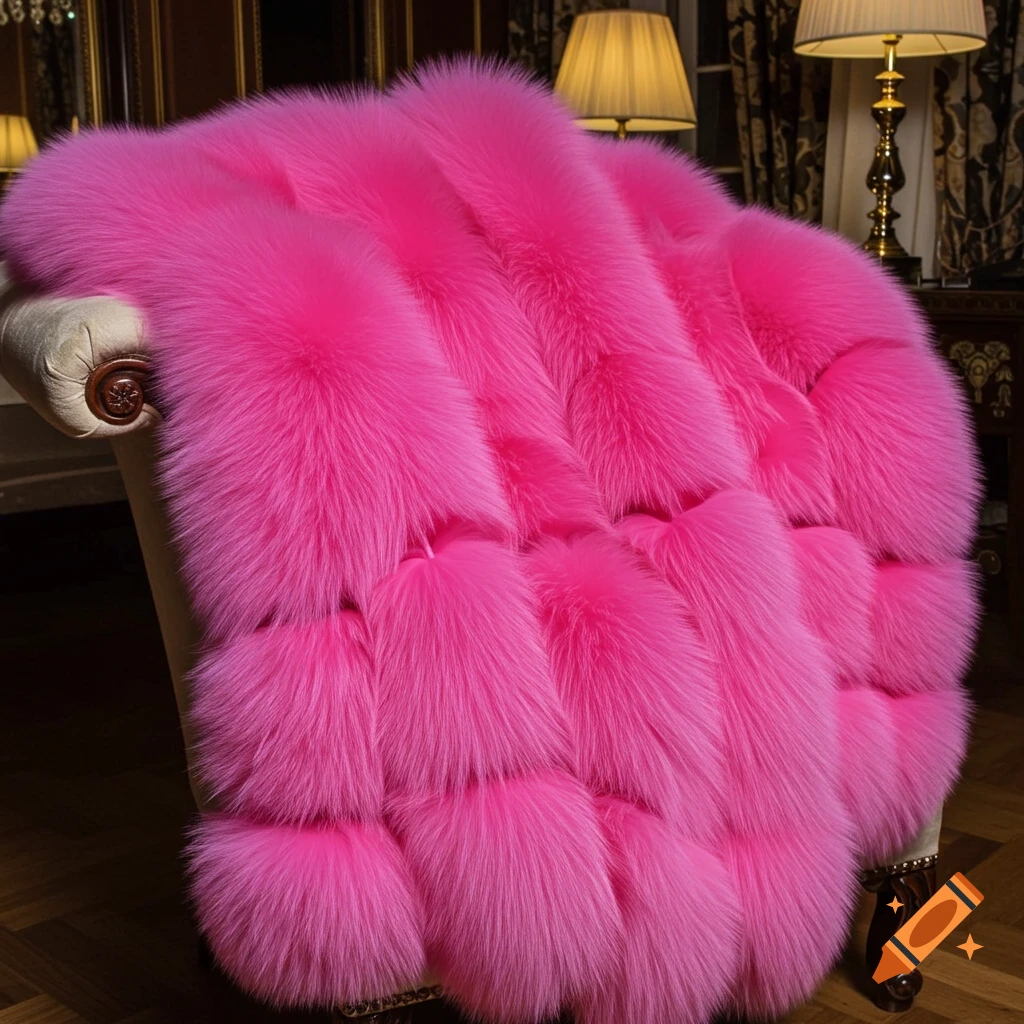 A large, fluffy hot pink fur coat draped over a chair.