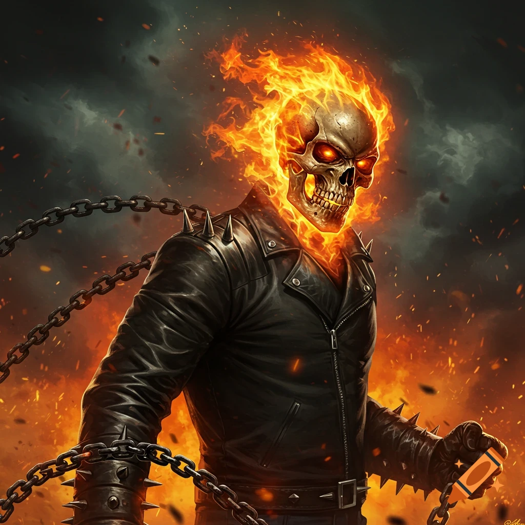 A flaming skull character wearing a leather jacket and holding chains.