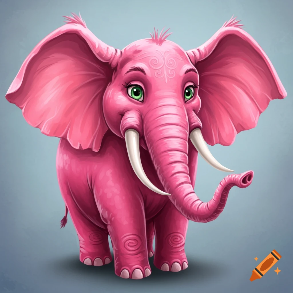 A pink elephant with green eyes.