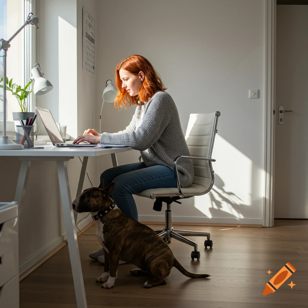 Woman with red hair works on laptop at desk in sunny home office, a brindle bull terrier sits next to her.