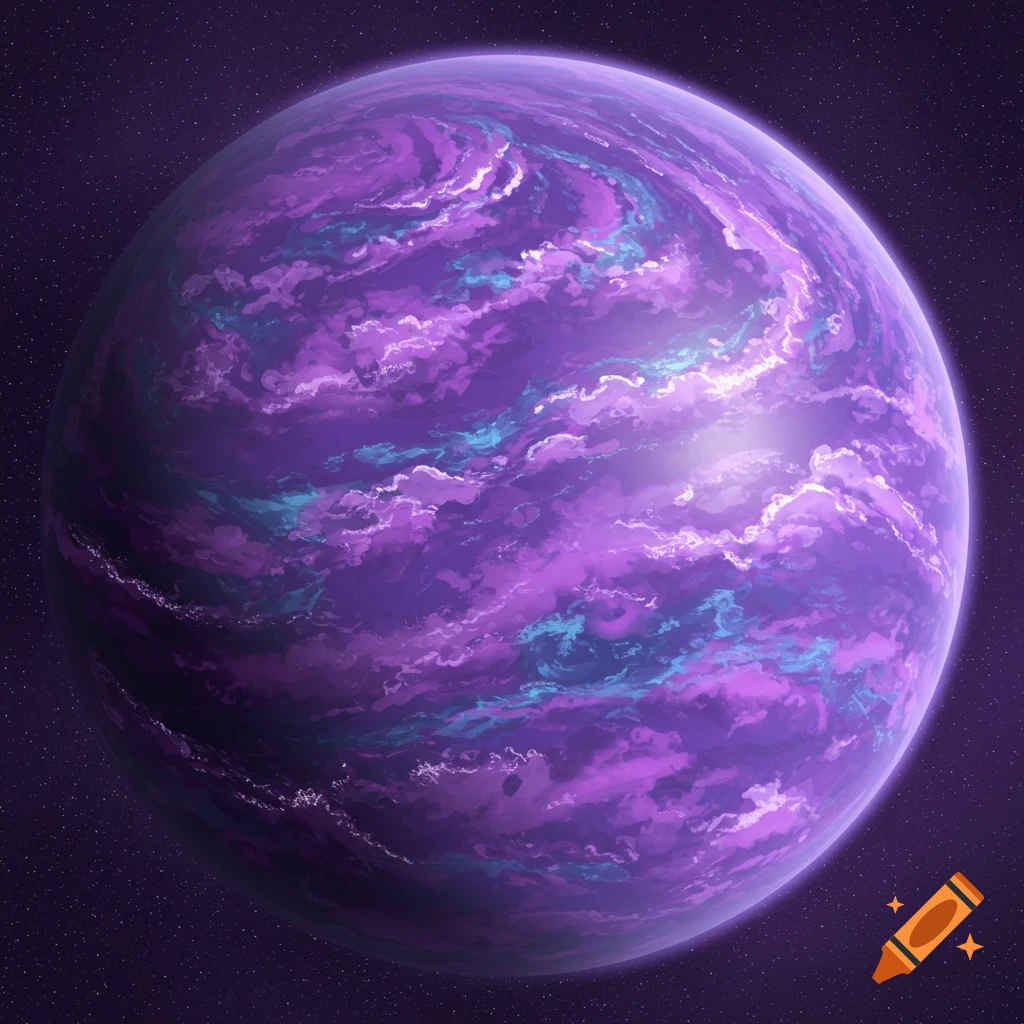 A purple planet with blue and white swirling clouds in space.