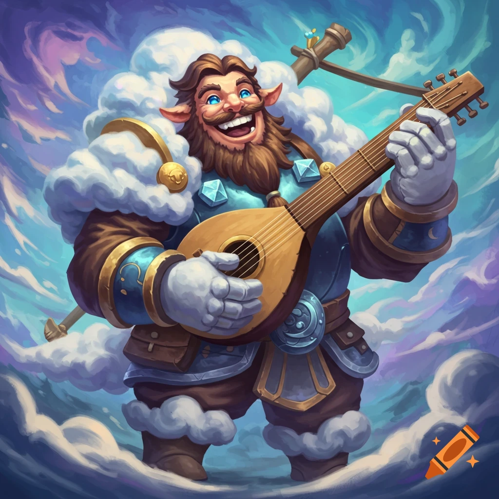 Cheerful cloud goliath warrior bard playing a lute amidst clouds.