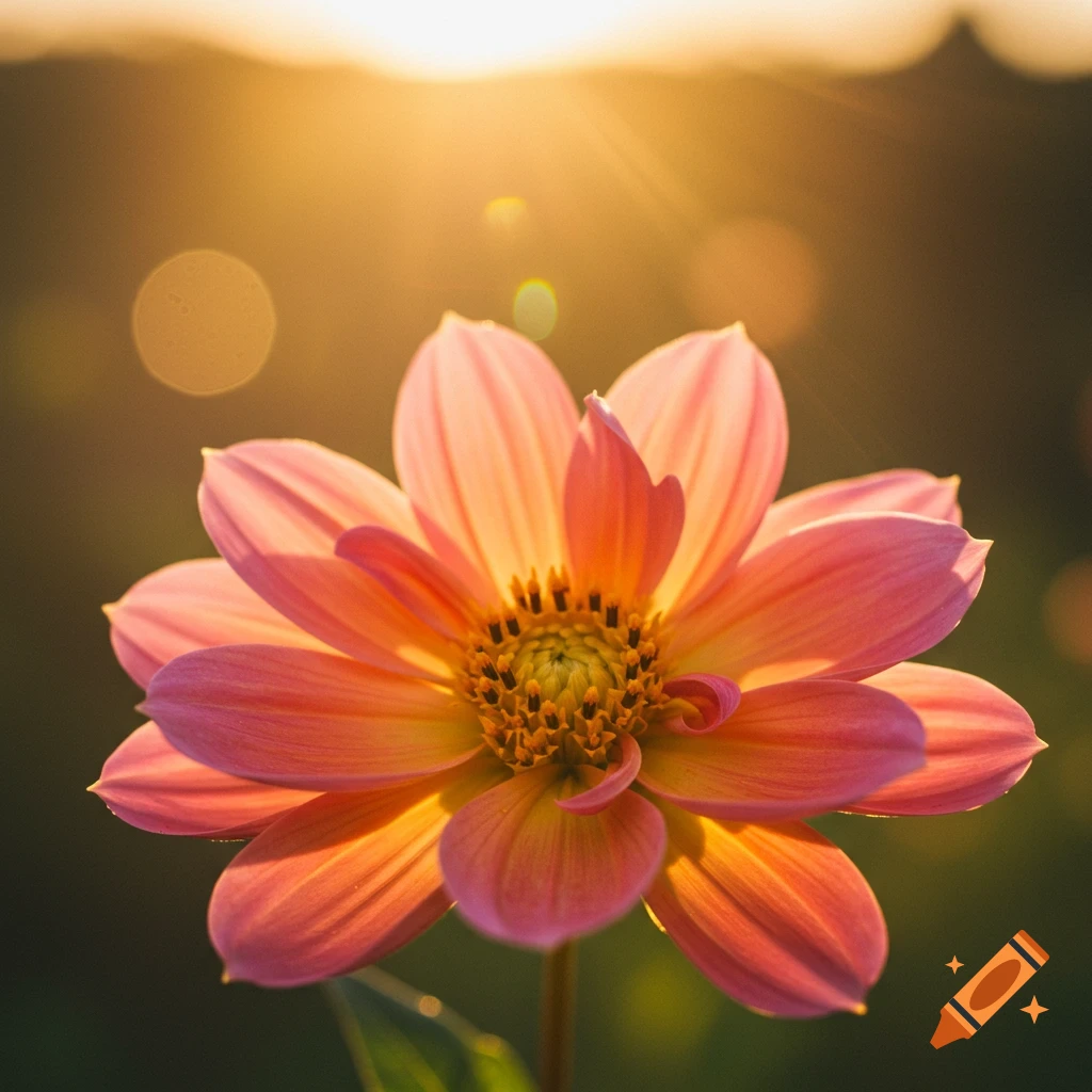 Close-up of a pink and orange flower backlit by warm golden sunlight with bokeh.
