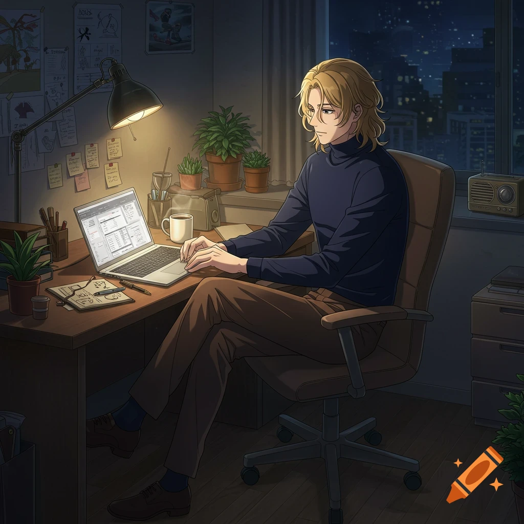 Anime art of a man working on a laptop at a desk in an apartment at night.