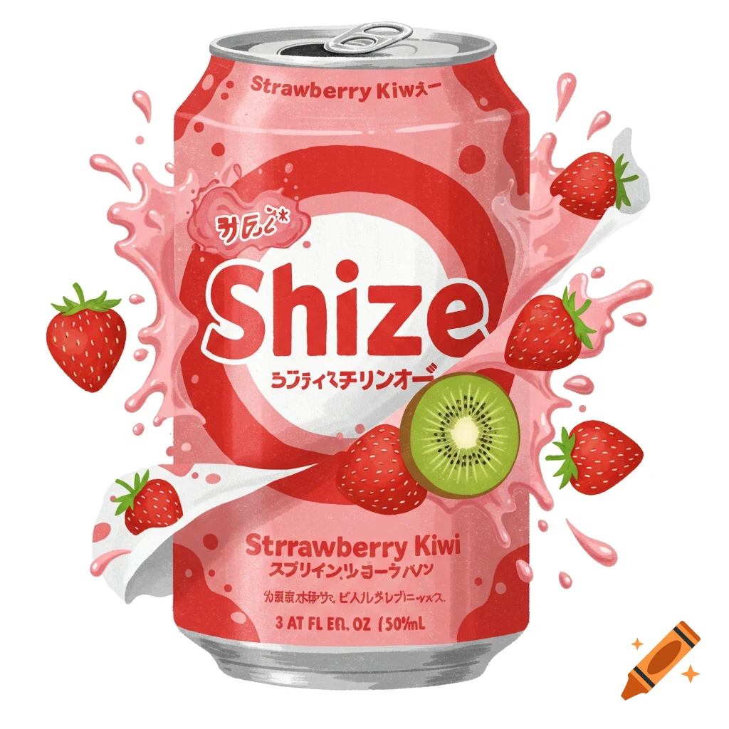 Illustration of a red Shize Strawberry Kiwi can with strawberries, kiwi, and splashes.