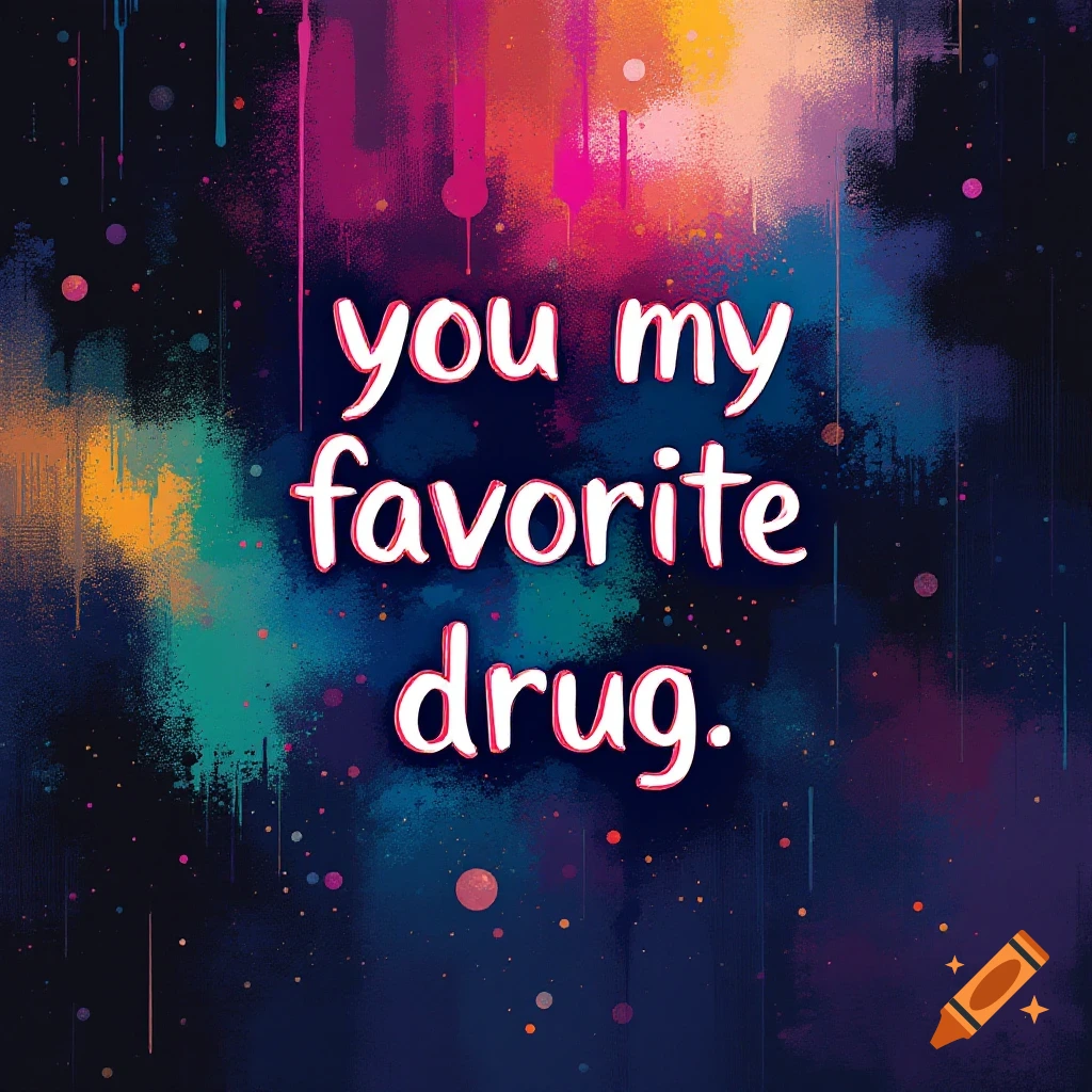 Text "you my favorite drug." on a colorful abstract paint splatter background.