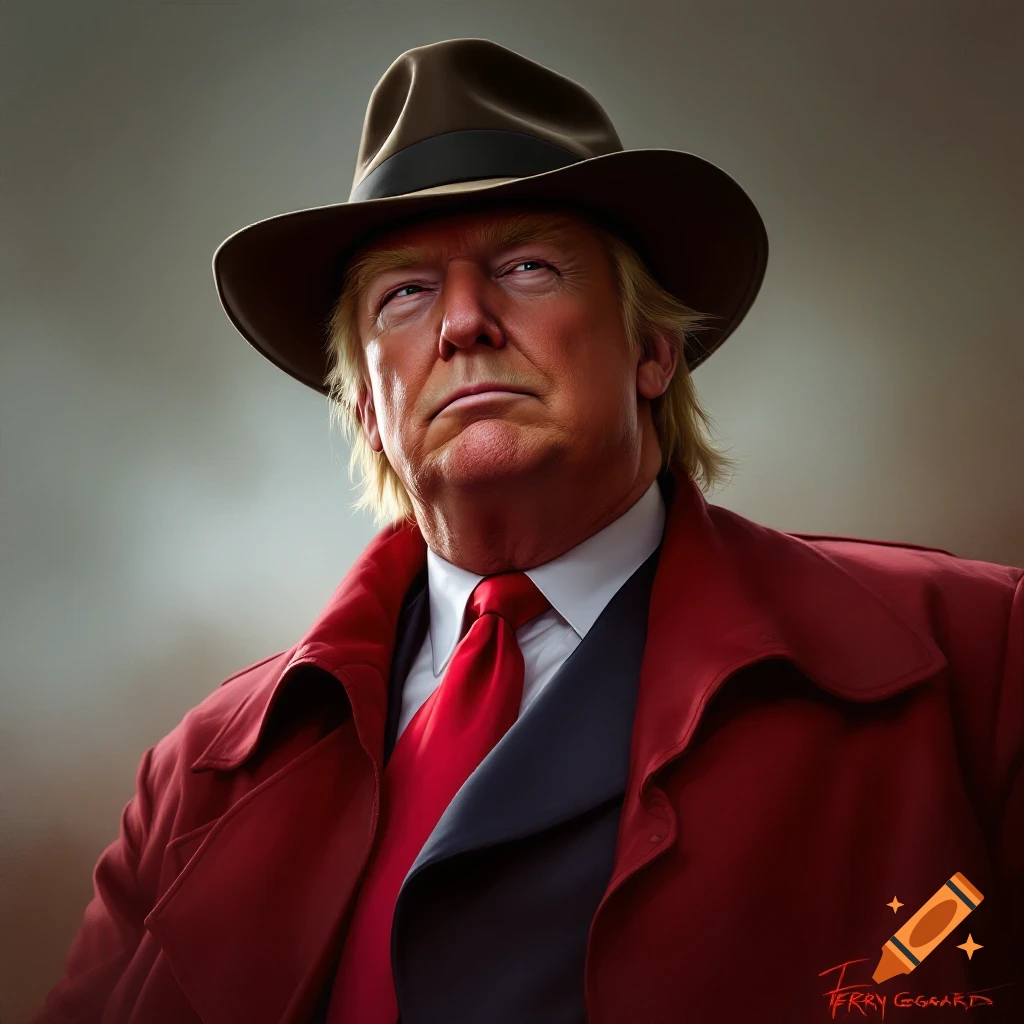 A portrait of Donald Trump wearing a brown fedora and red trench coat.