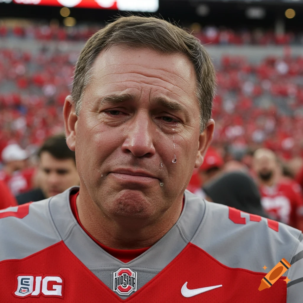 Man in Ohio State football jersey crying in a stadium