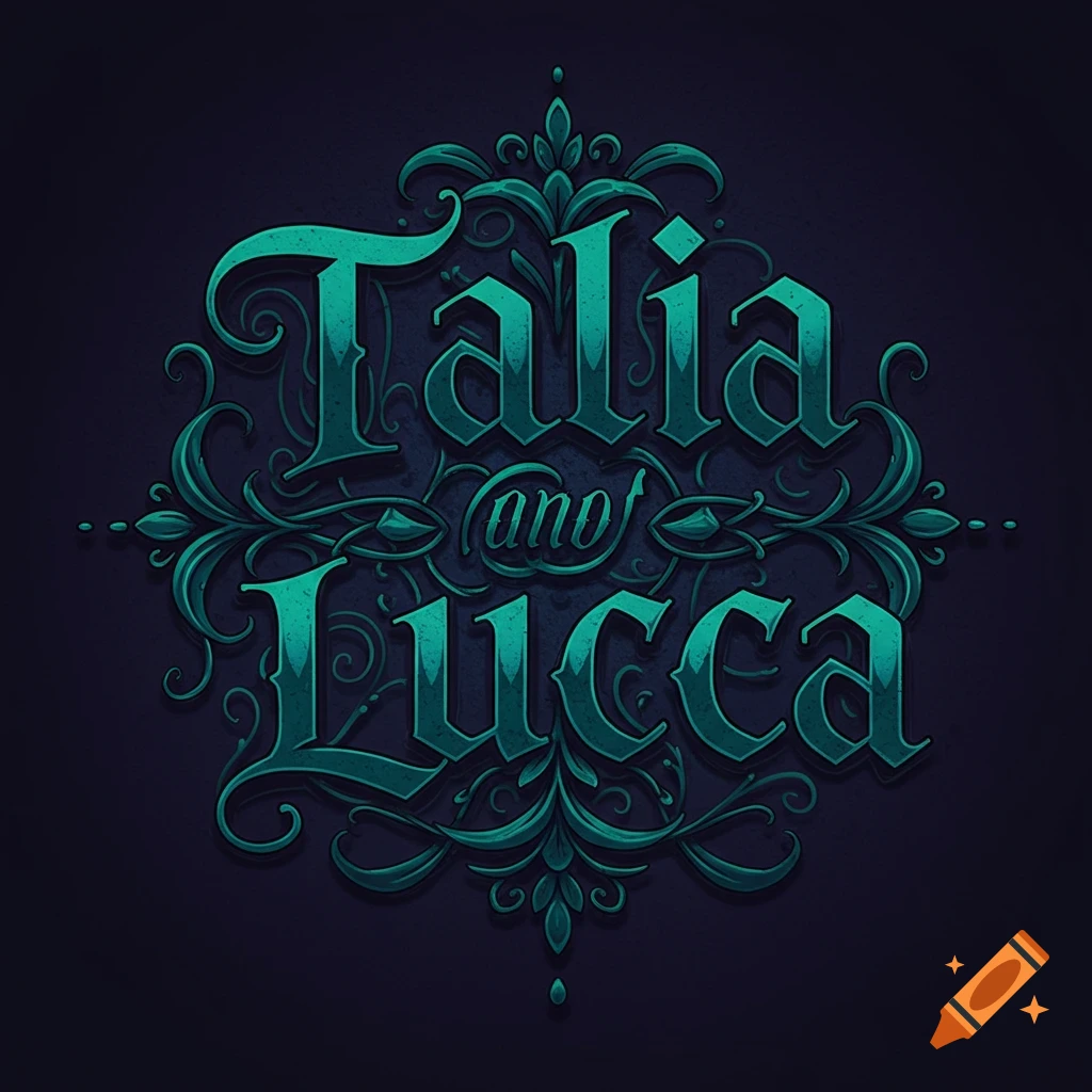 Stylized green text 'Talia and Lucca' with ornate floral decoration in a tattoo design.