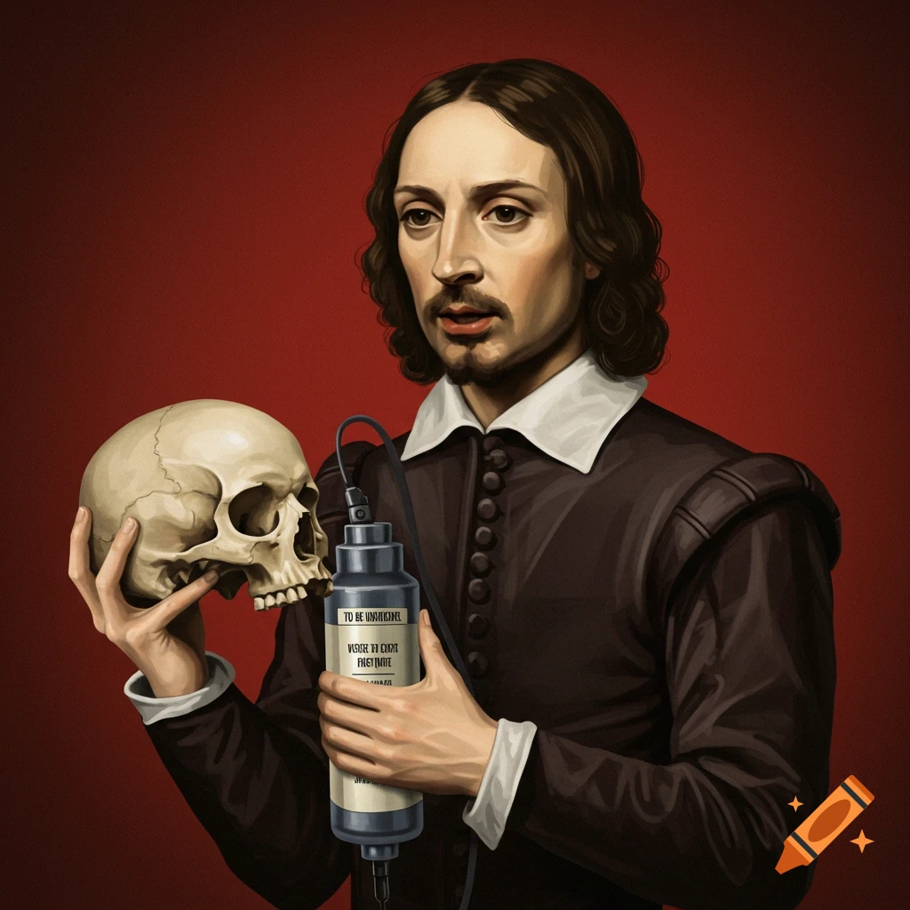 A man in historical clothing holds a skull and medical canister.