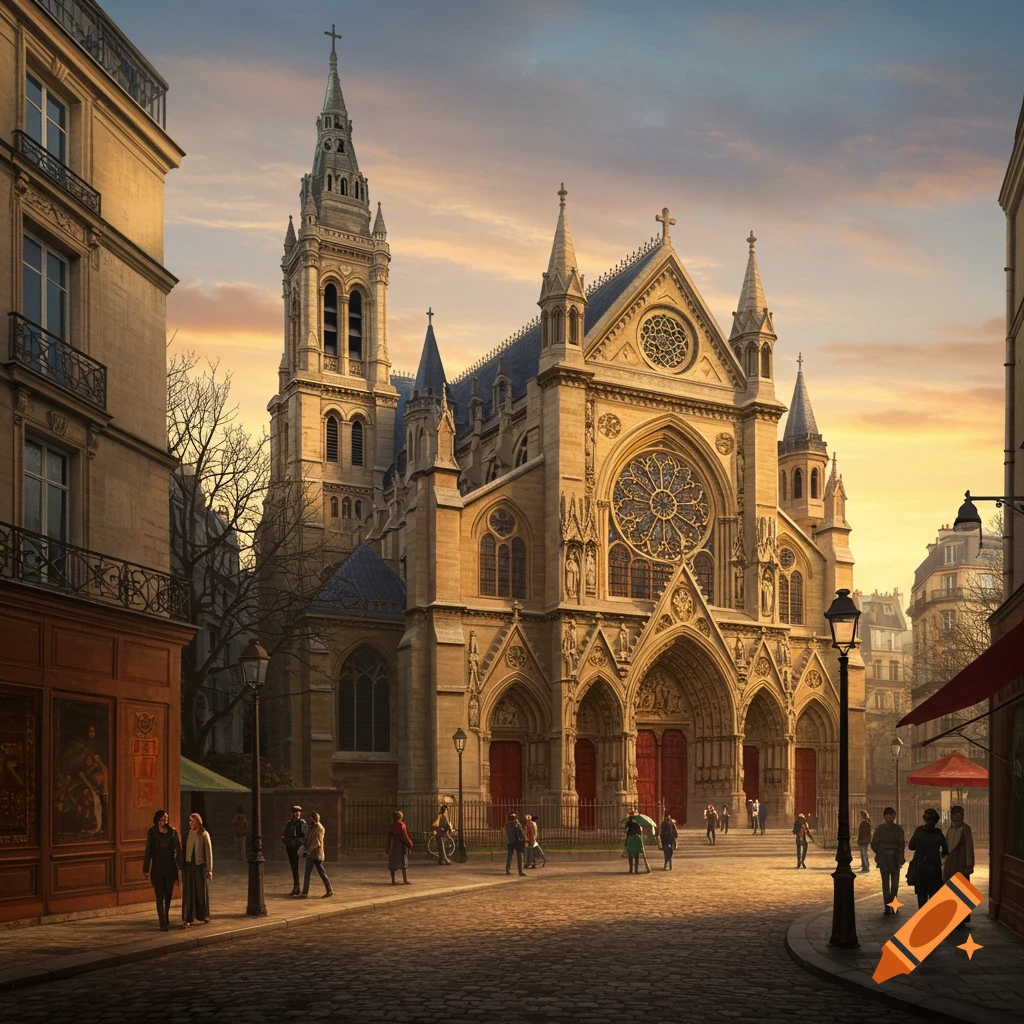 A large Gothic church on a cobblestone street with pedestrians at sunset.