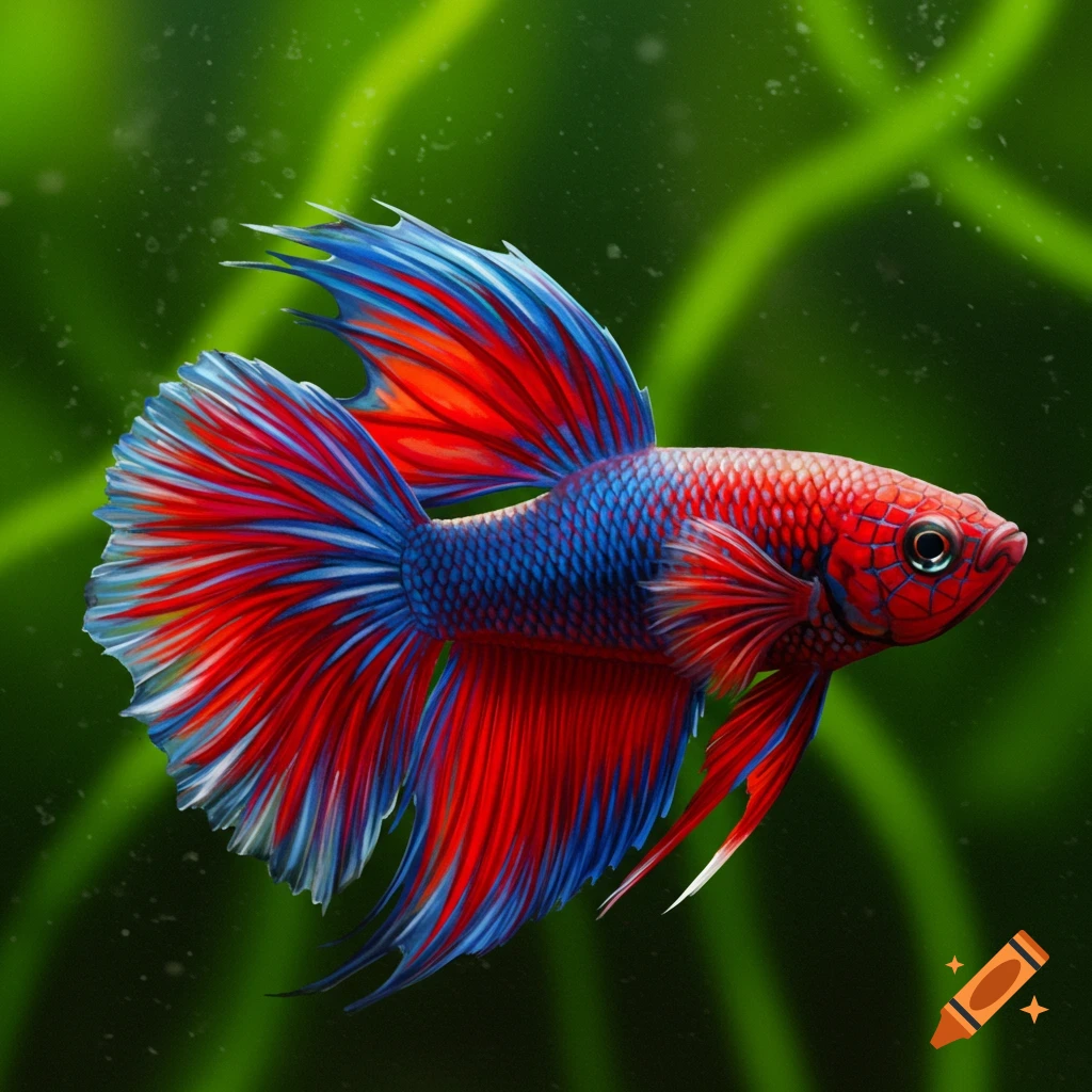 A red and blue betta fish swims against a green background.