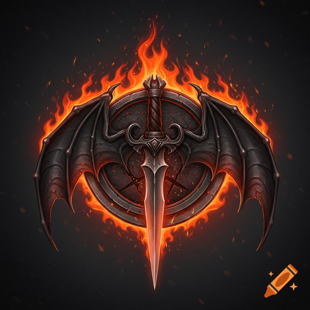 A dark fantasy symbol featuring a sword, bat wings, and a shield surrounded by fire.