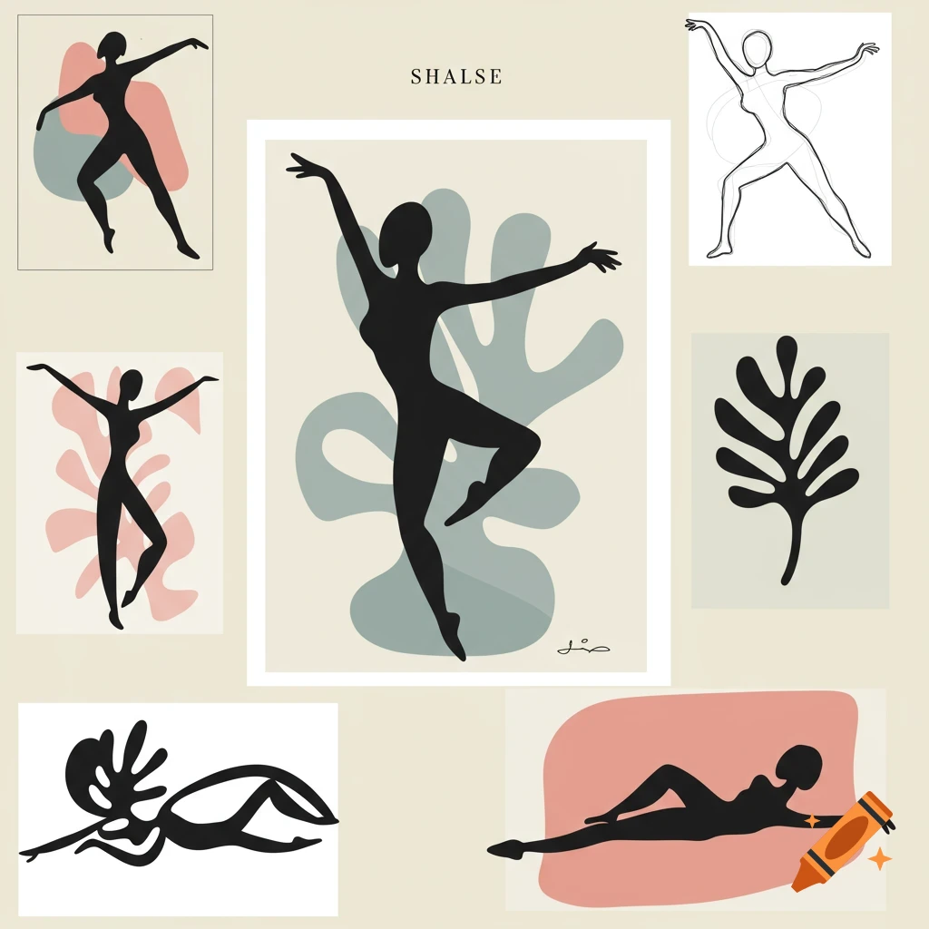 Collage of stylized black dancer silhouettes and abstract shapes in a Matisse-inspired style.
