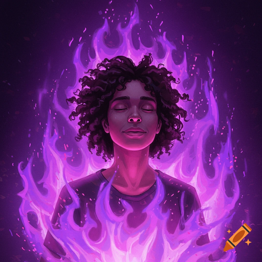 A person with eyes closed engulfed in violet flames.
