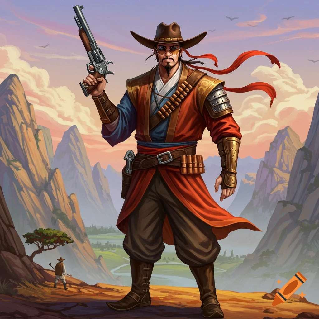 A fantasy character with wuxia clothing, a cowboy hat, and sunglasses holds a rifle in a mountainous landscape at sunset.
