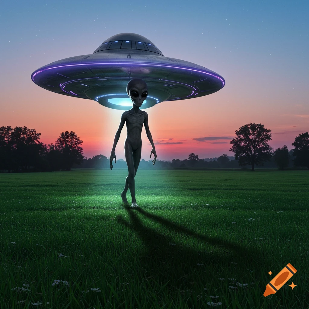 A grey alien stands in a grassy field beneath a hovering UFO at dusk.