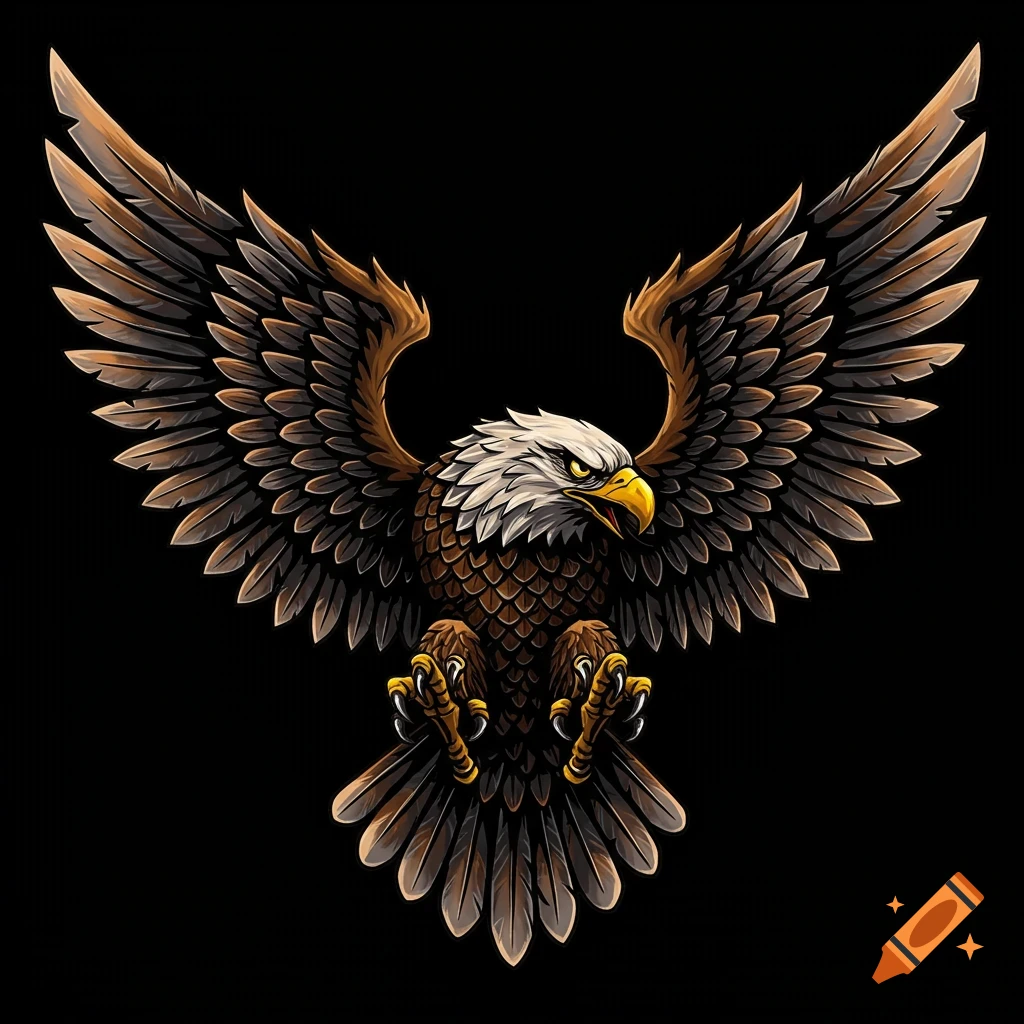 Stylized image of an eagle with wings spread and claws extended on a black background.