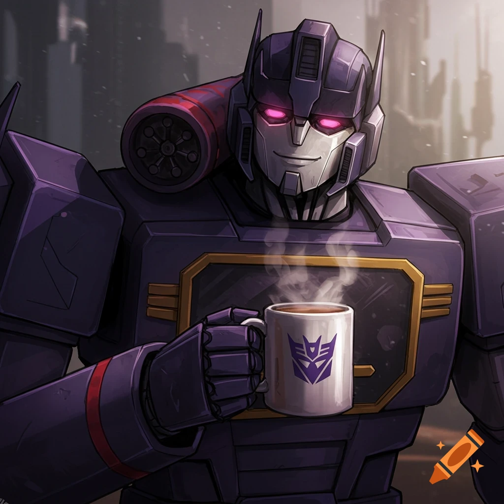 Soundwave from Transformers holding a coffee cup with Decepticon logo.