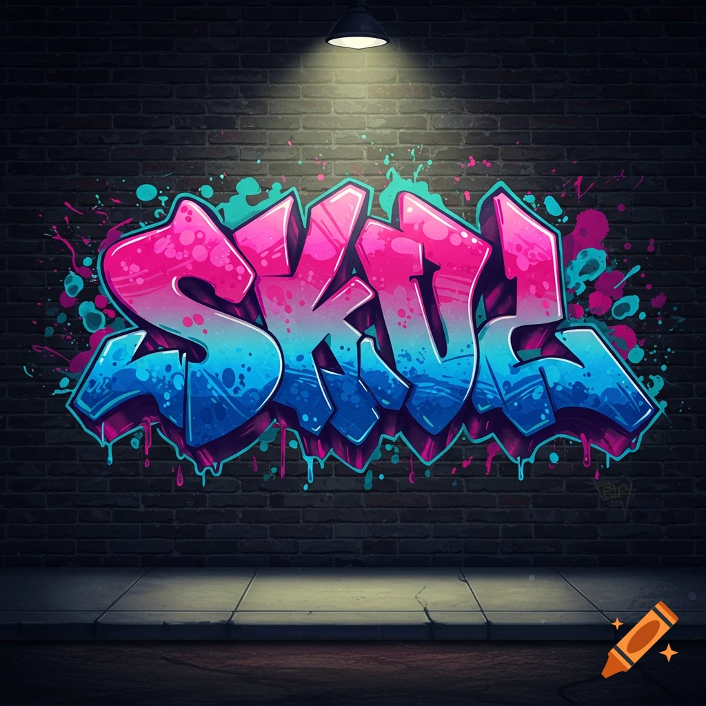 Pink and blue graffiti tag 'SKUL' on a brick wall under a street light, digital art.