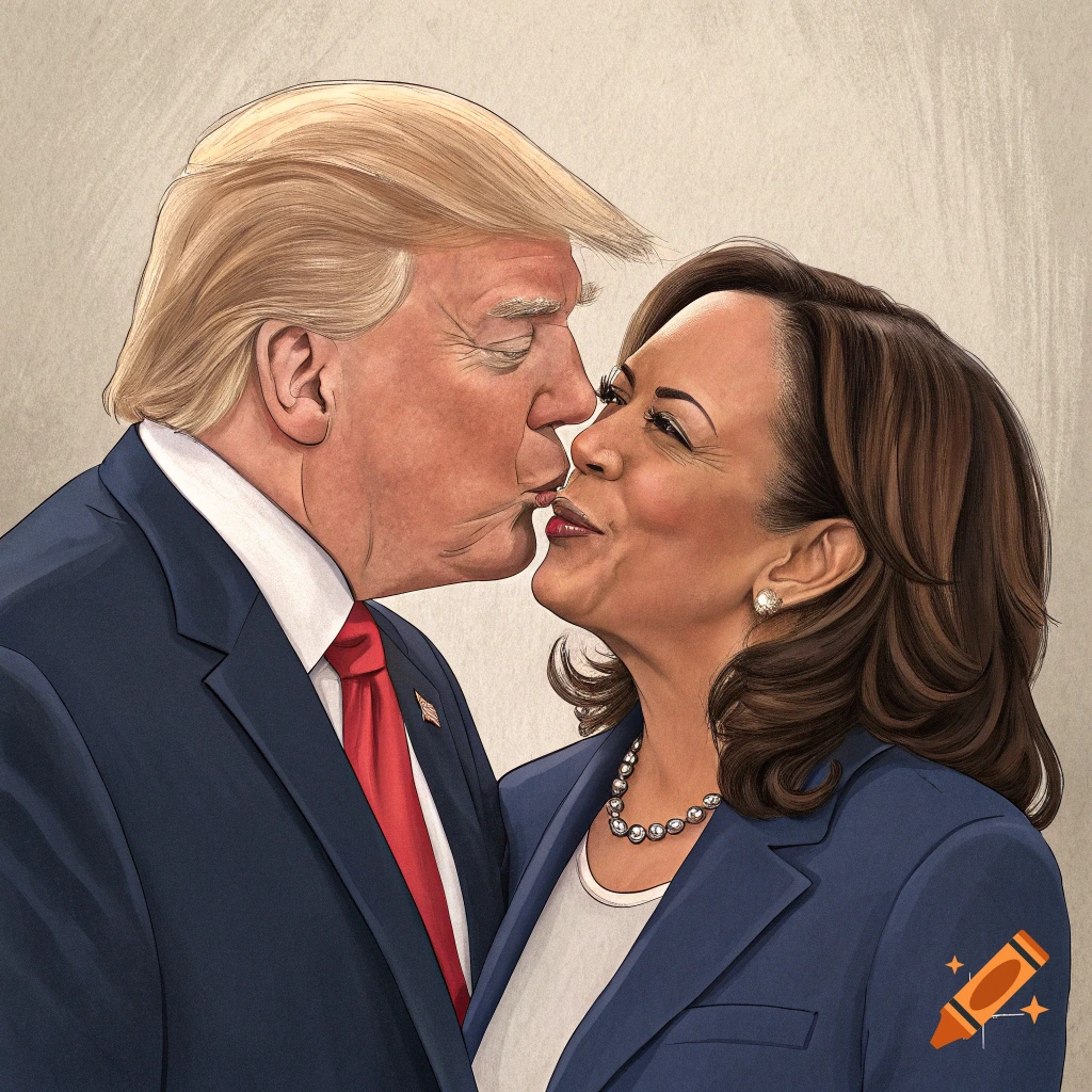 Illustration of Donald Trump kissing Kamala Harris.