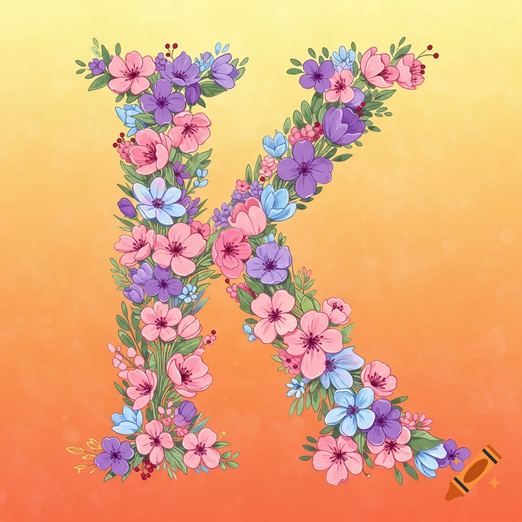 Floral initial K in spring colors on a gradient background.