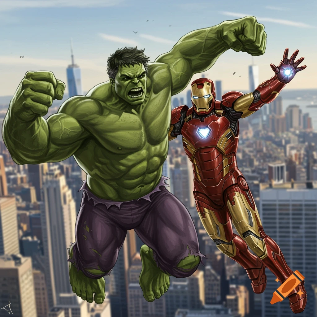 Hulk and Iron Man fly high above a city skyline.