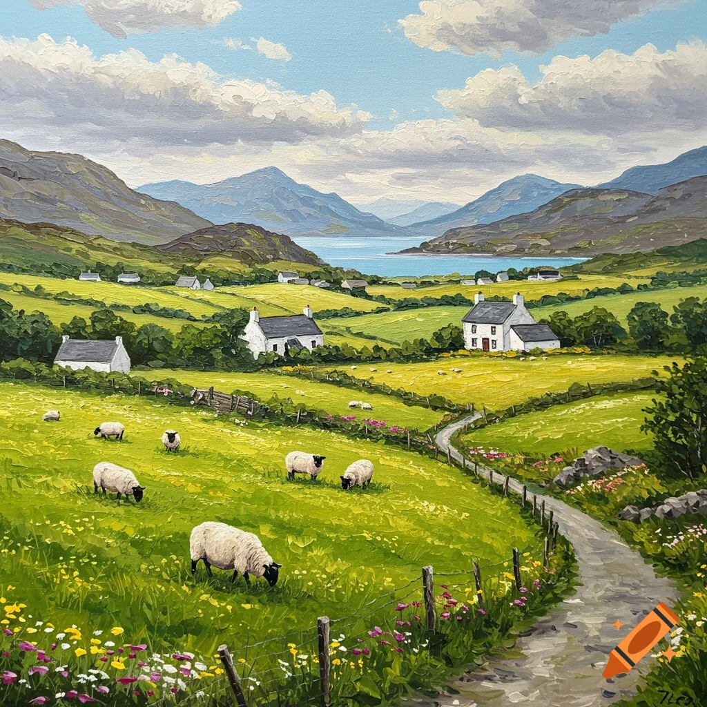 Acrylic painting of a rural landscape with sheep grazing in a field, houses, mountains, and a lake under a cloudy sky.