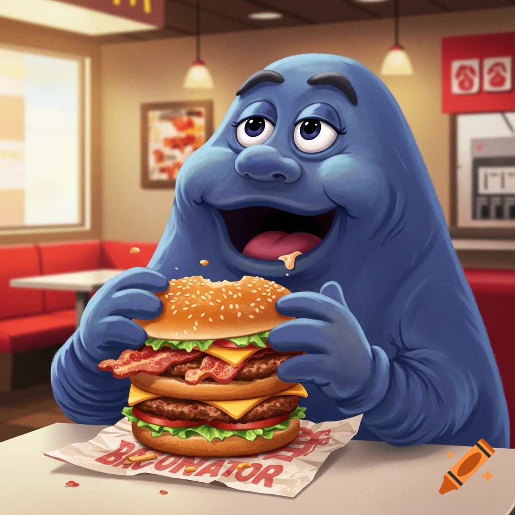 A large blue cartoon character happily eats a big bacon burger in a fast-food restaurant.