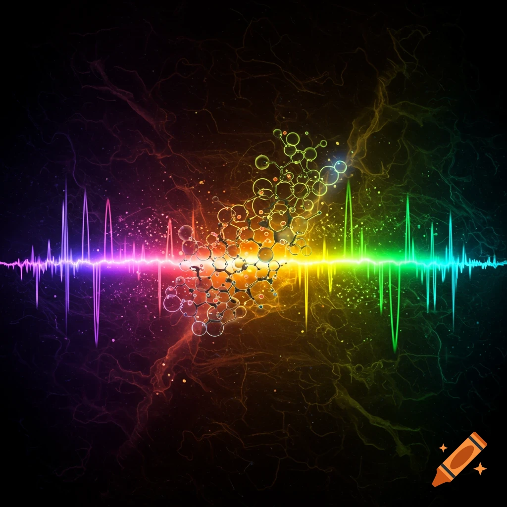 Abstract art of a sound wave and molecular structure illuminated by colorful light.