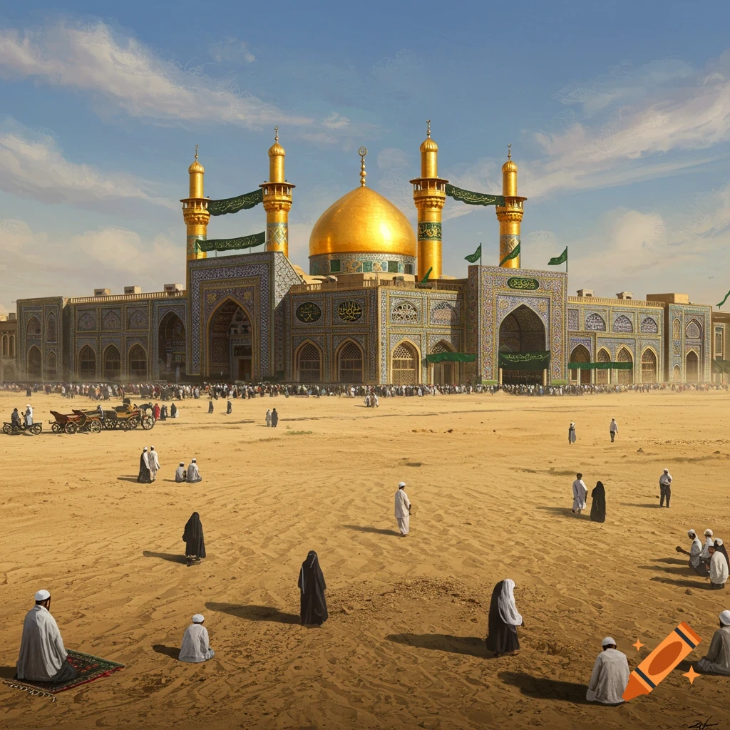 A large religious building with a golden dome and minarets stands in a desert landscape, with people present.