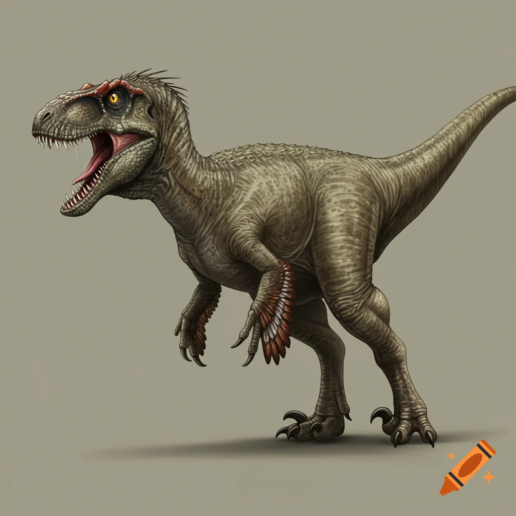 An image of a dinosaur resembling a raptor with feathers on its arms, standing with mouth open.