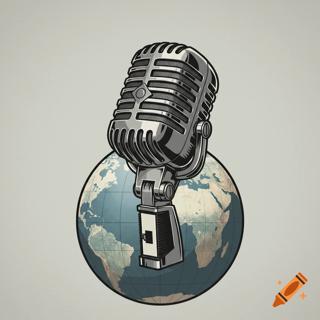 An old school microphone stands over a blue and white globe in an illustration style.